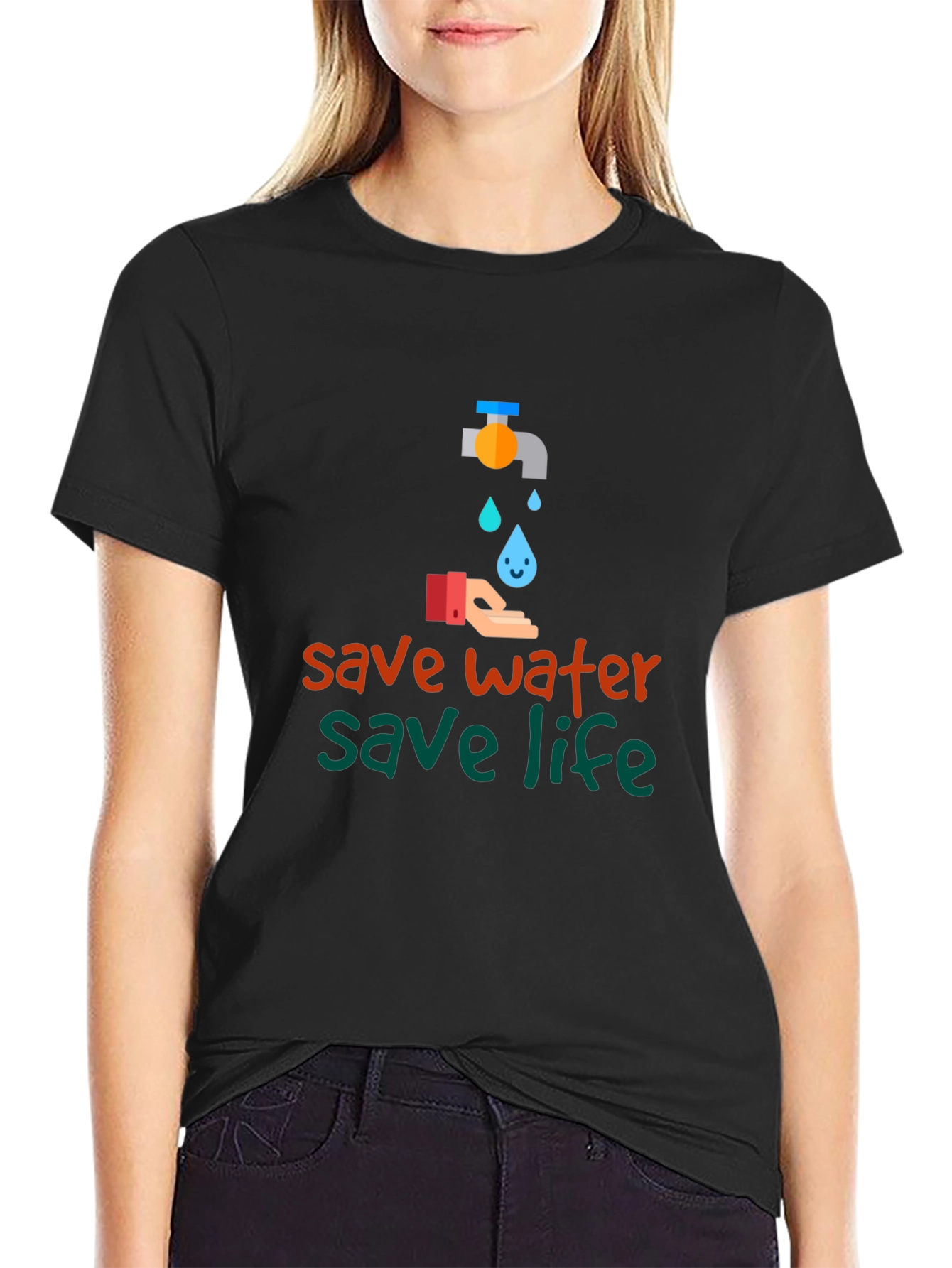 Save Water Save Life Black Graphic T-Shirt