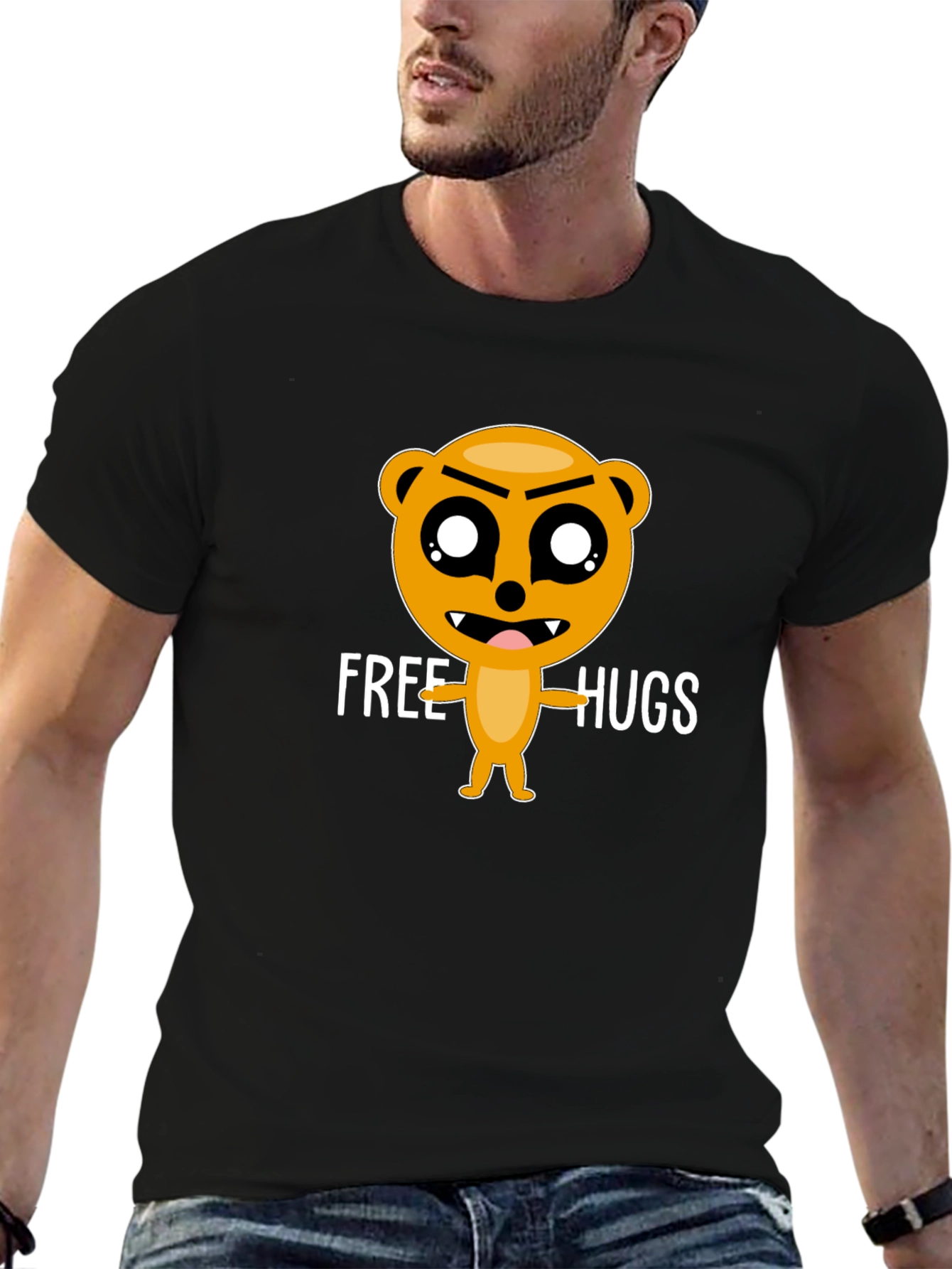Free Hugs Cartoon Bear Black T-Shirt