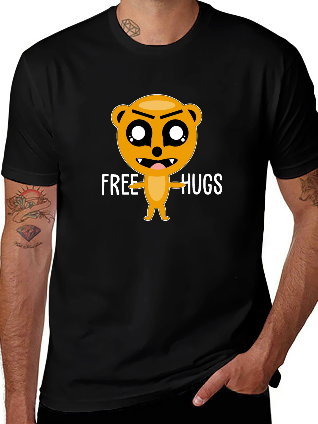 Free Hugs Cartoon Bear Black T-Shirt