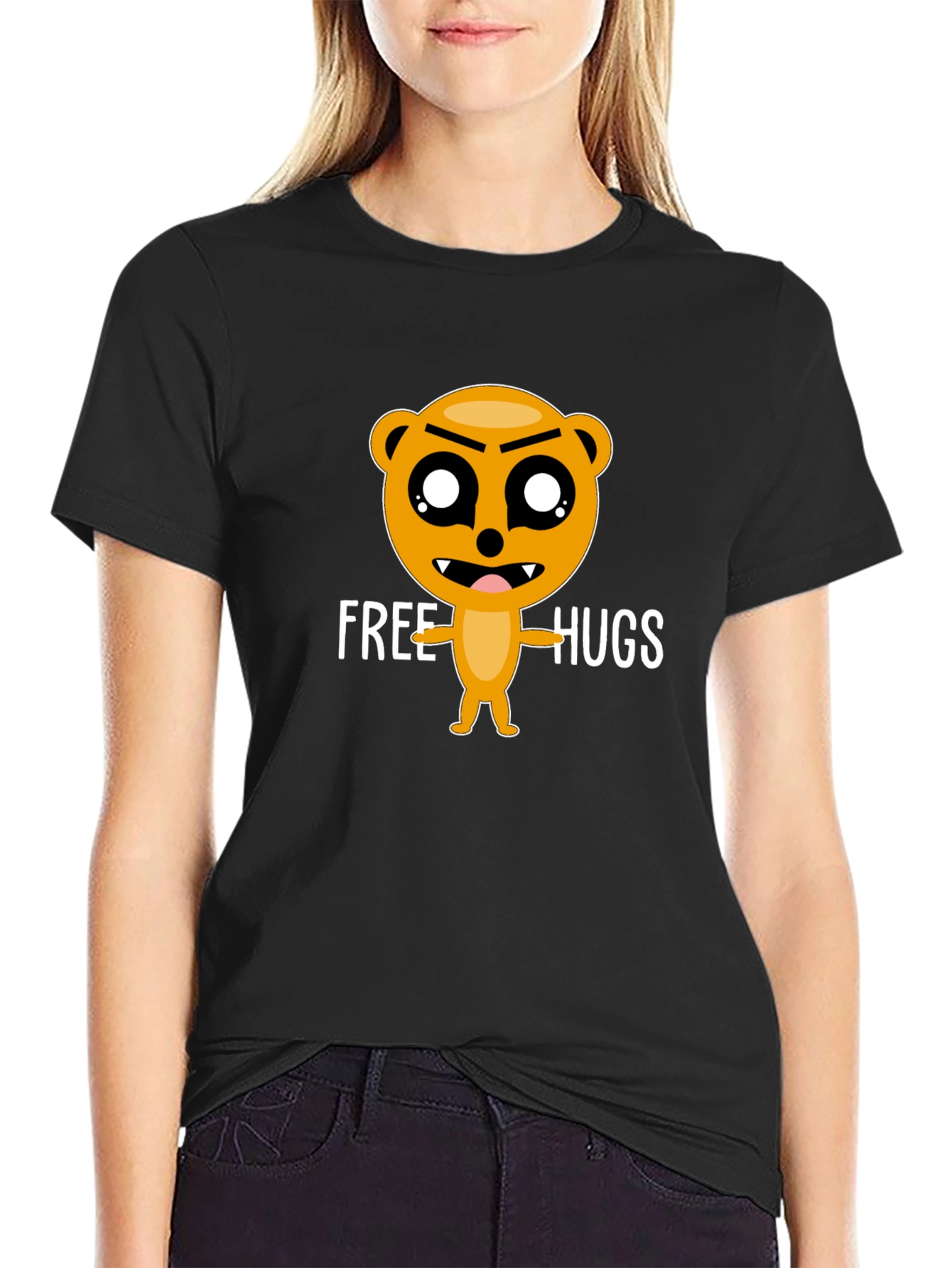 Free Hugs Cartoon Bear Black T-Shirt