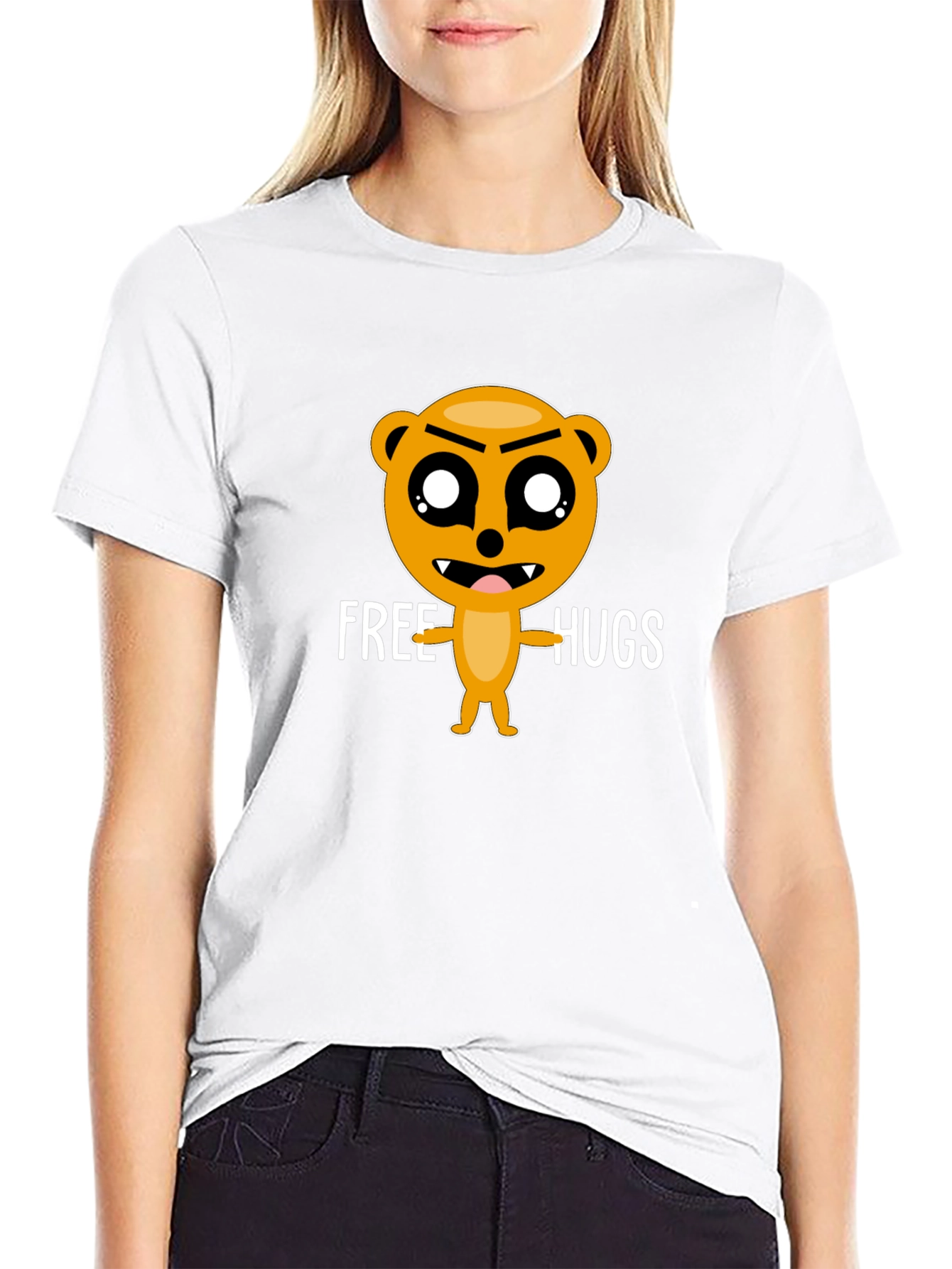 Free Hugs Cartoon Bear Black T-Shirt