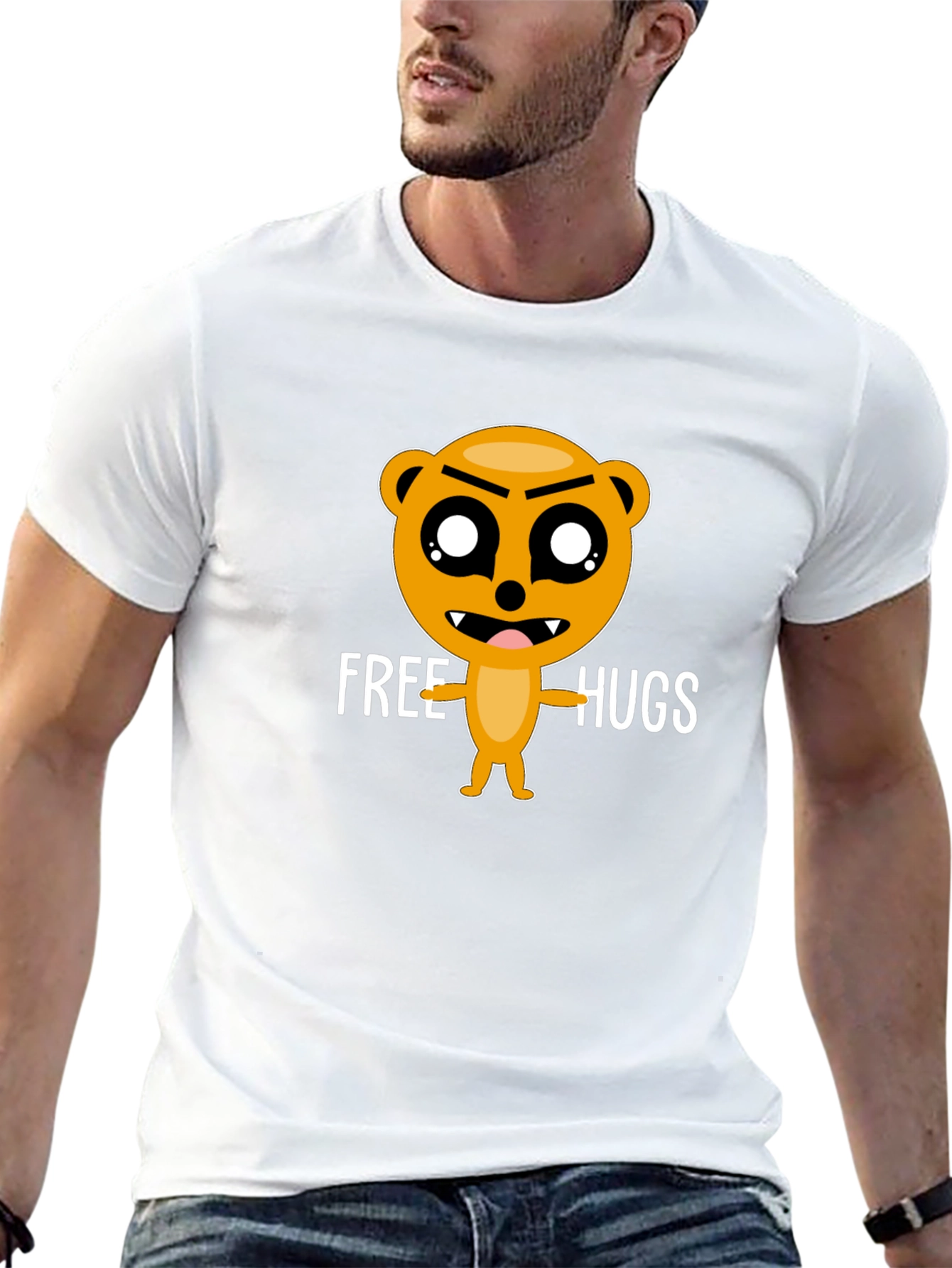 Free Hugs Cartoon Bear Black T-Shirt