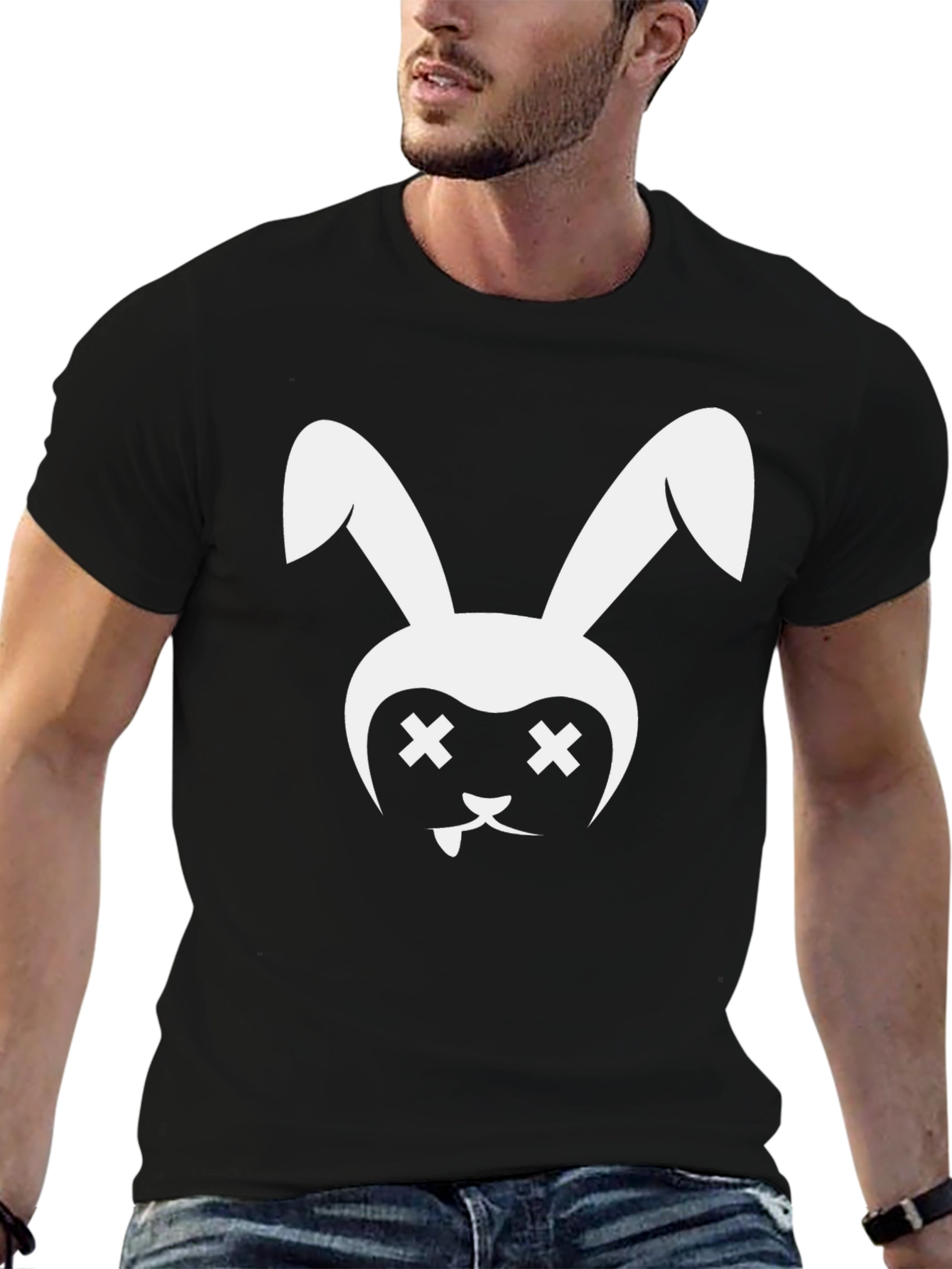 Black T-Shirt with White Bunny Graphic