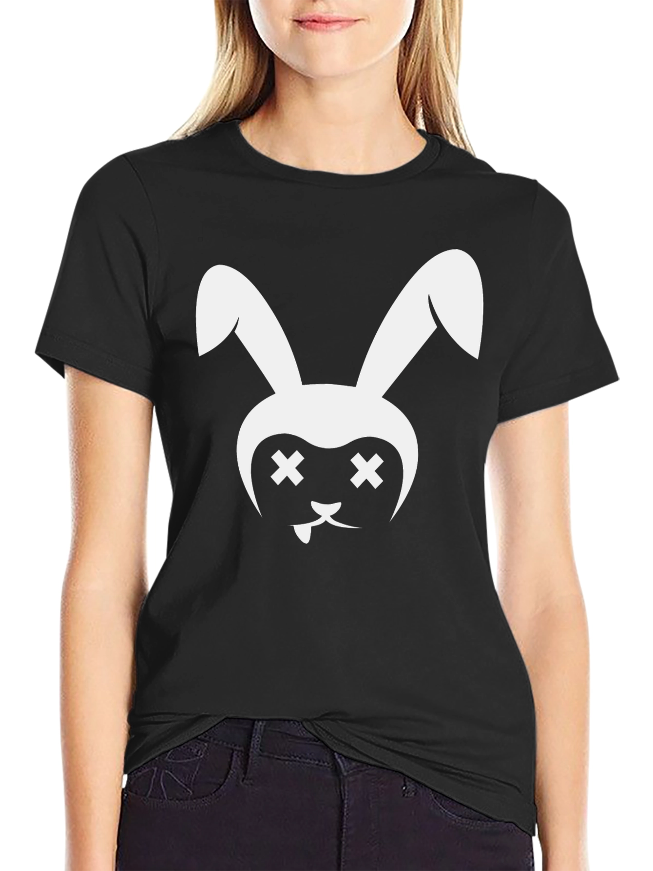 Black T-Shirt with White Bunny Graphic