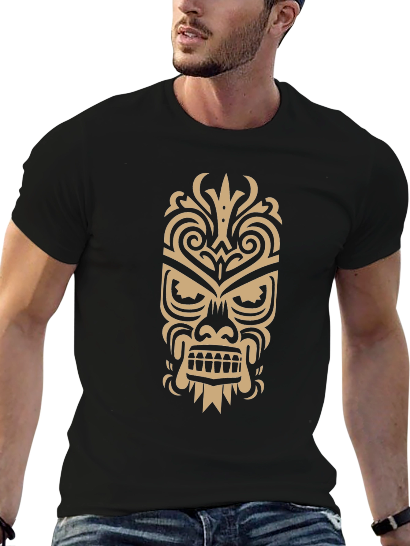 Tribal Tiki Mask Graphic Tee - Black