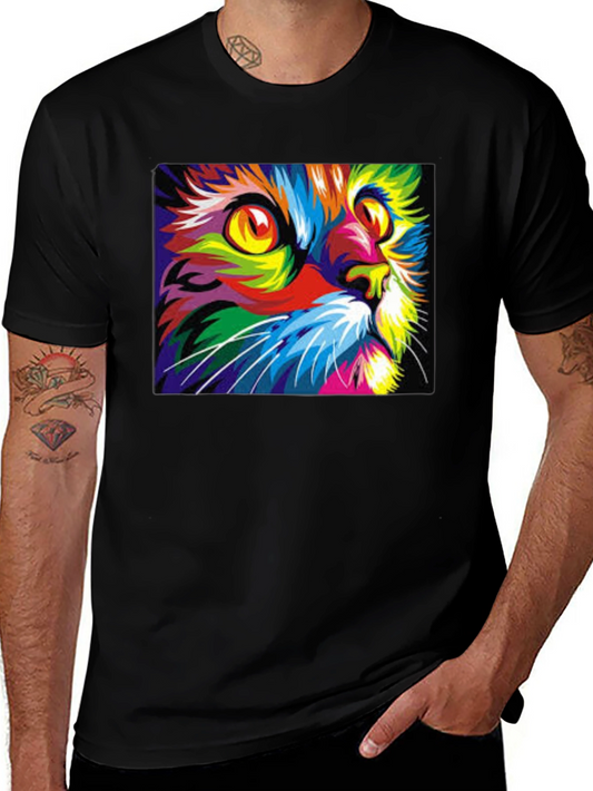Abstract Cat Face Graphic Tee - Vivid Colors