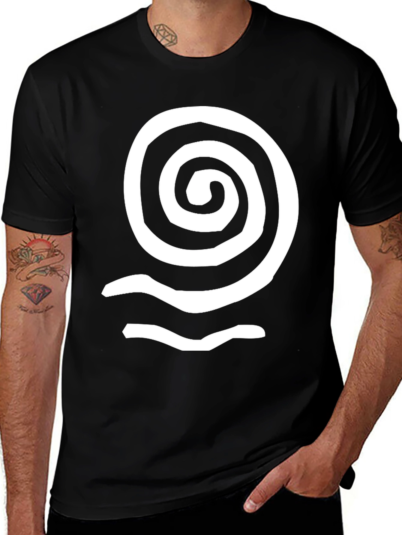 Spiral Wave Graphic Tee - Black Cotton Casual Top