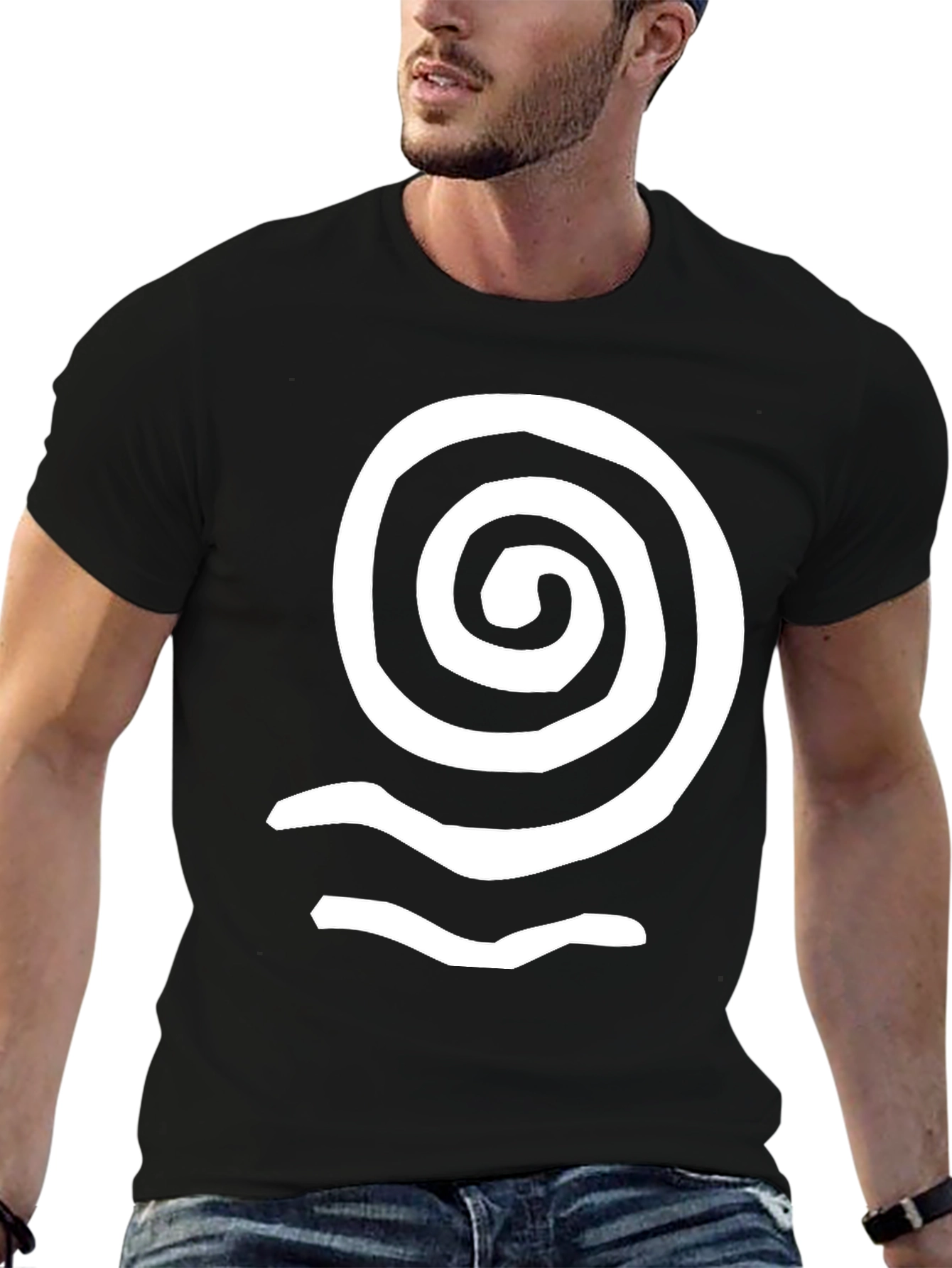Spiral Wave Graphic Tee - Black Cotton Casual Top