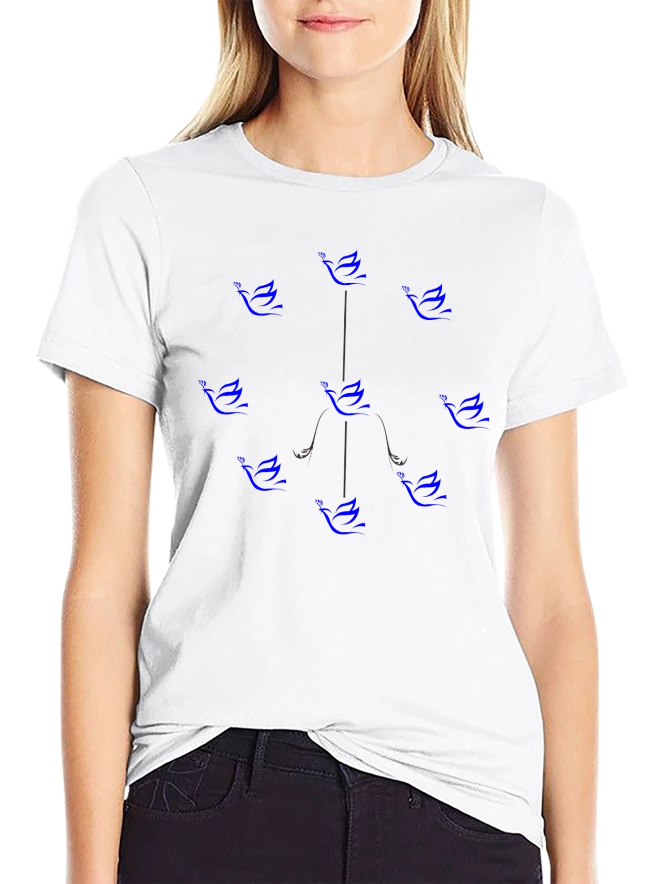 Blue Bird Pattern Black Cotton T-Shirt