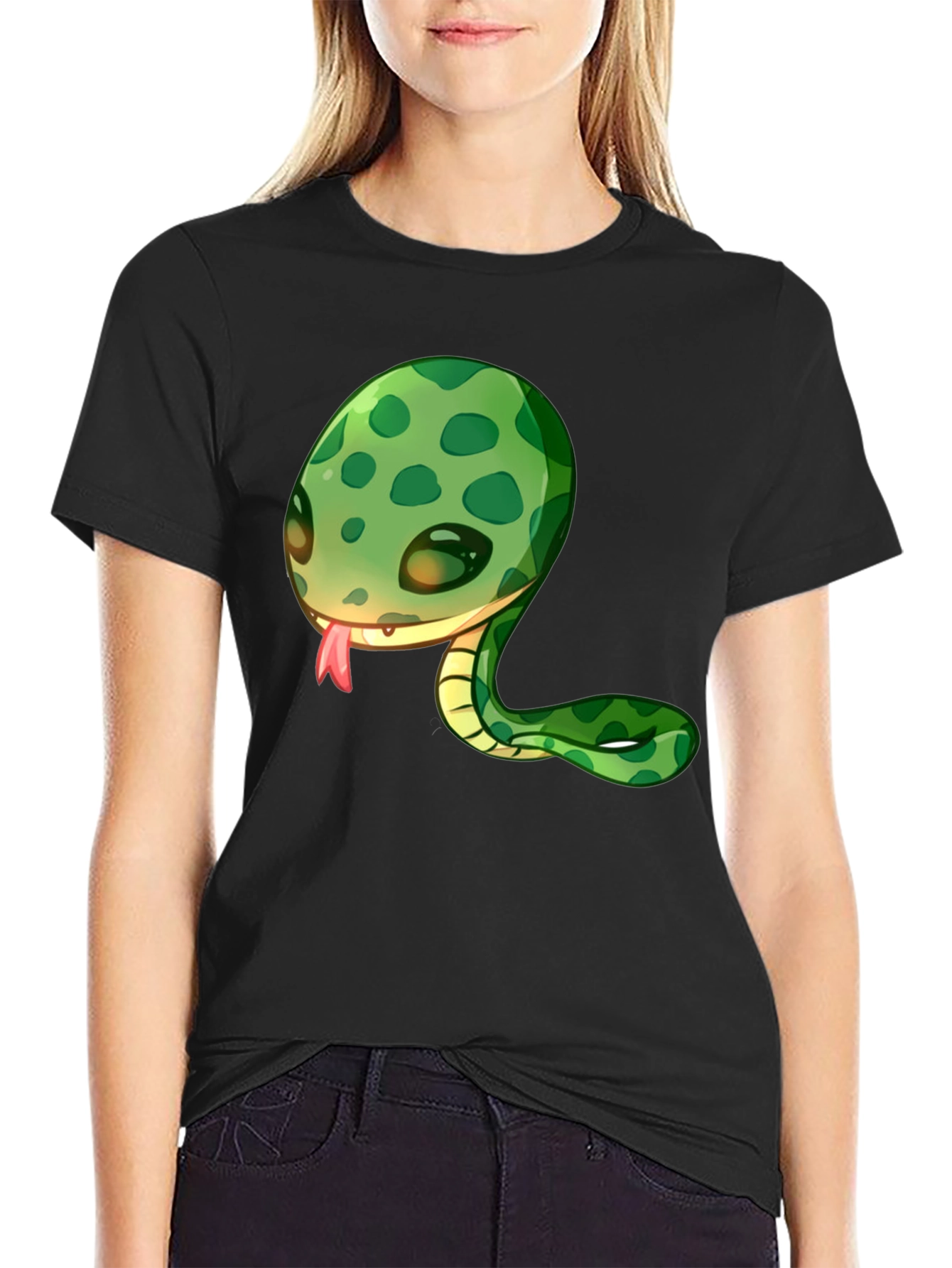 Cute Snake Cartoon Black T-Shirt