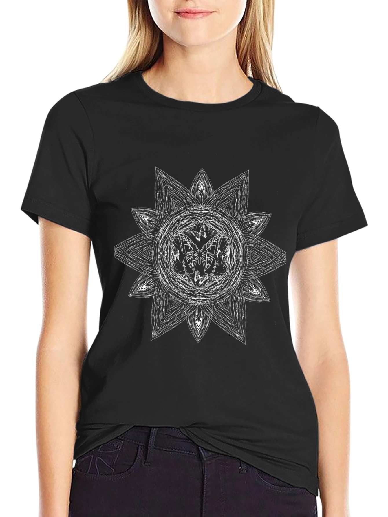 Abstract Floral Mandala Graphic Tee - Black