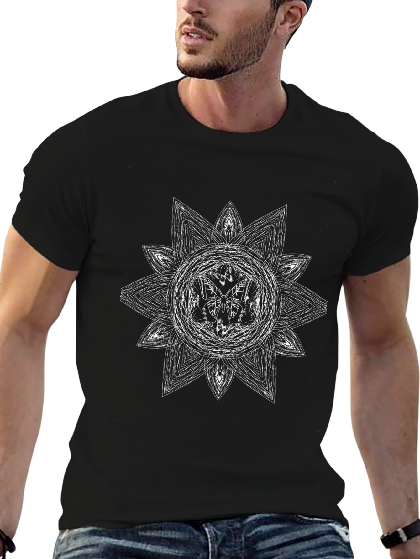 Abstract Floral Mandala Graphic Tee - Black