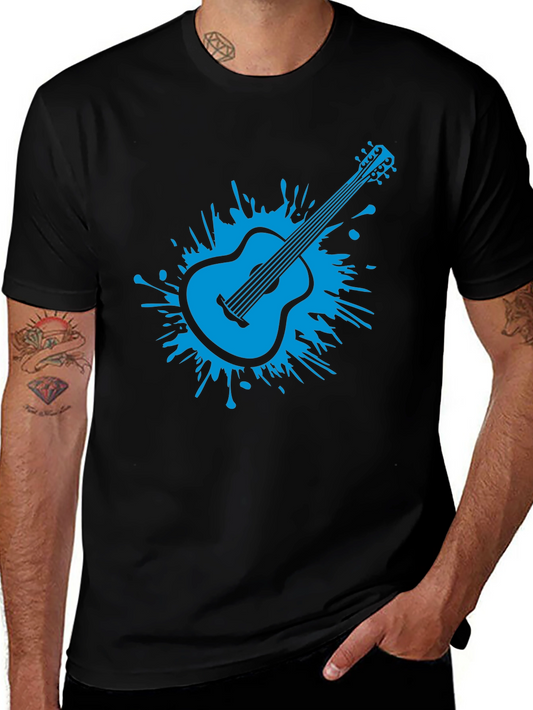 Blue Guitar Splash Mens Black T-Shirt