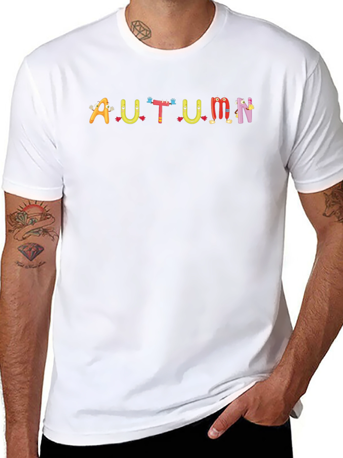 Autumn Cartoon Letter Black T-Shirt