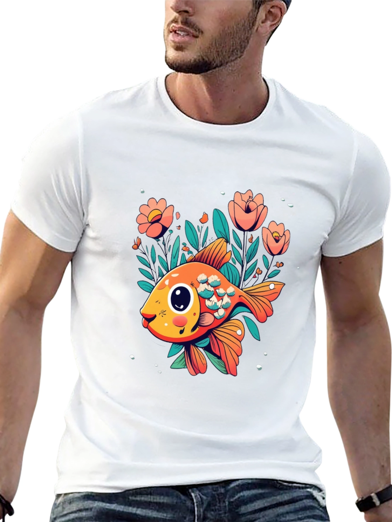 Floral Goldfish Graphic Black T-Shirt