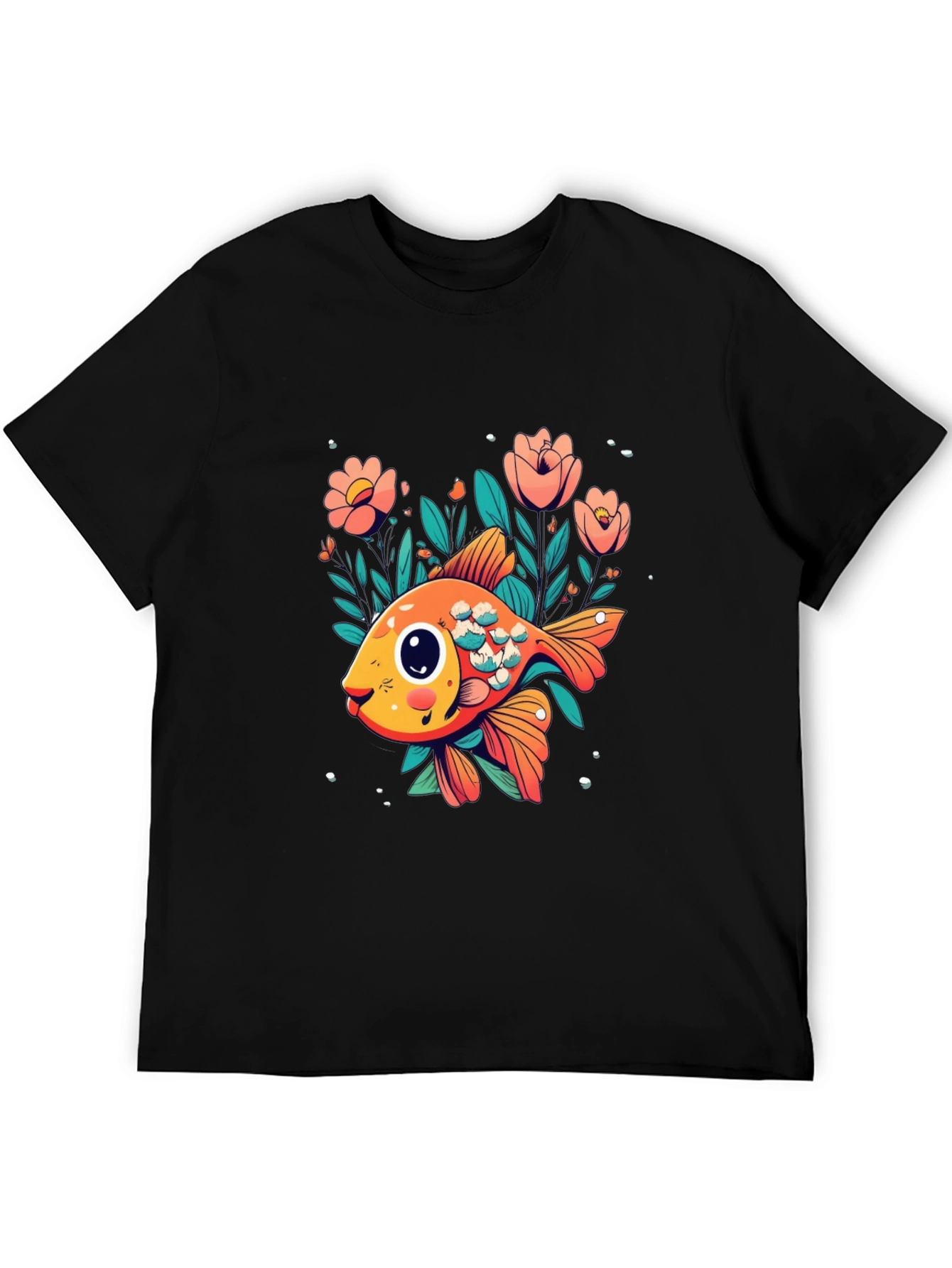 Floral Goldfish Graphic Black T-Shirt