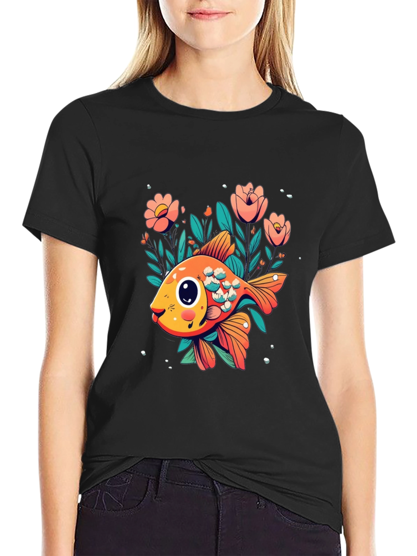 Floral Goldfish Graphic Black T-Shirt
