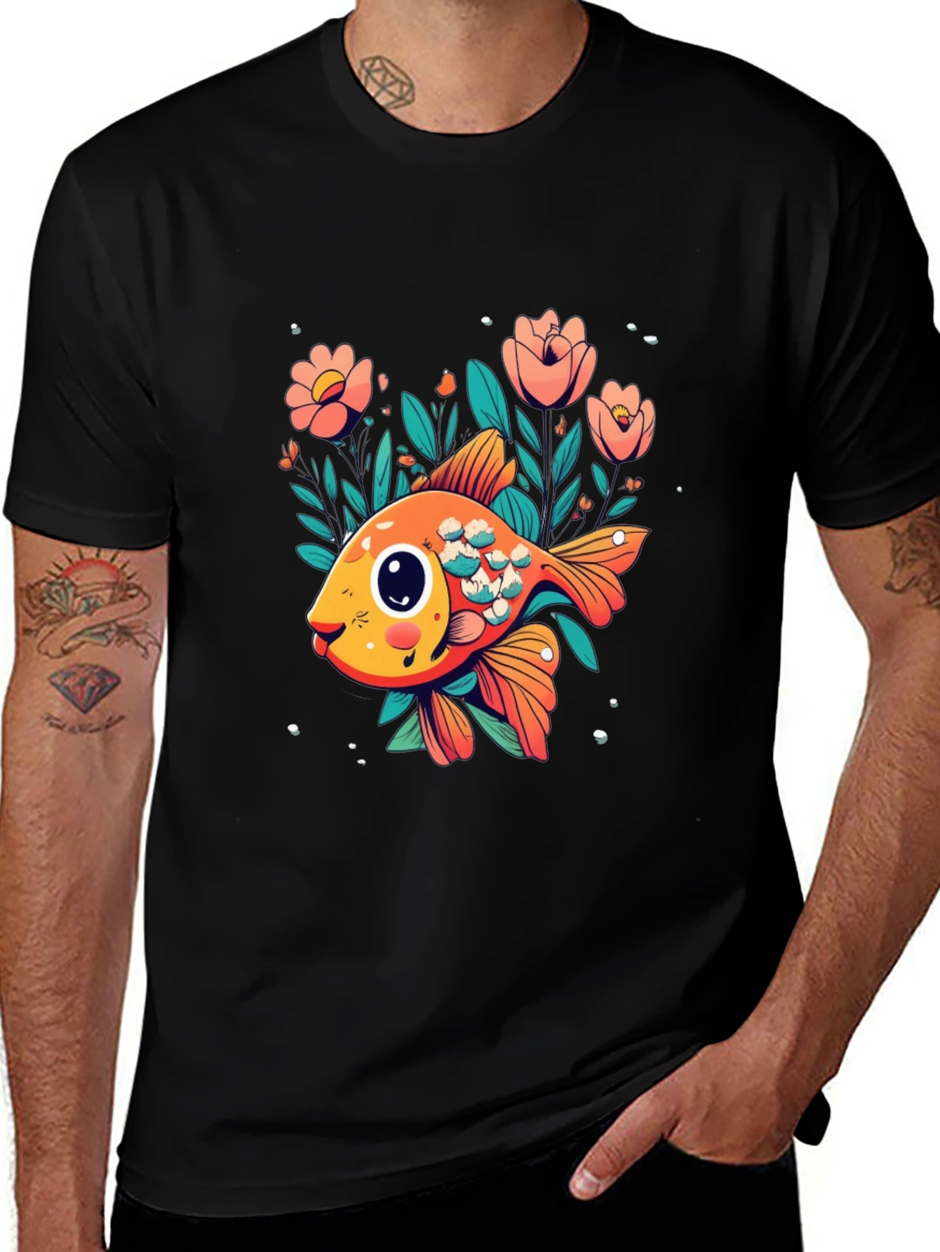 Floral Goldfish Graphic Black T-Shirt