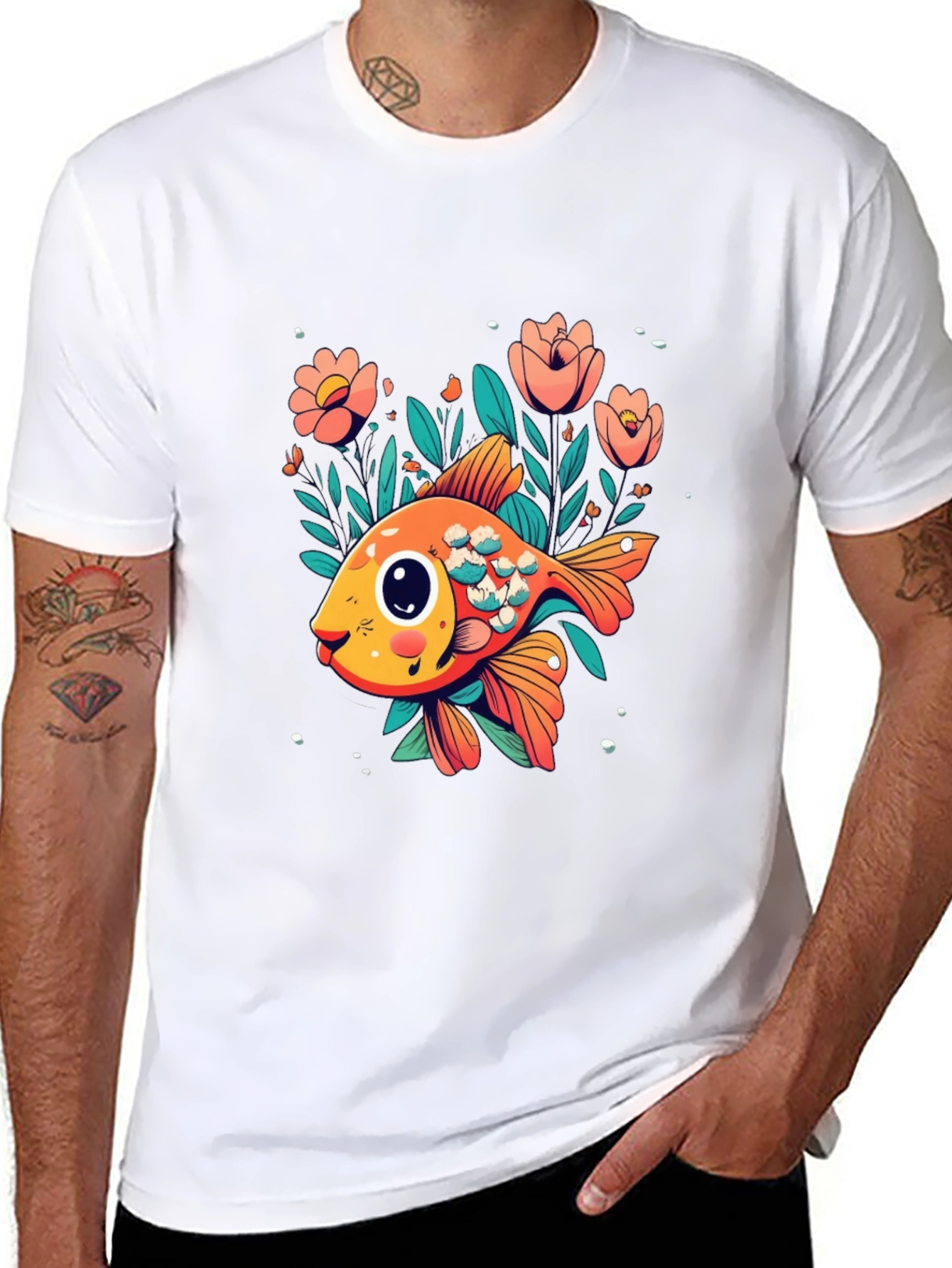 Floral Goldfish Graphic Black T-Shirt