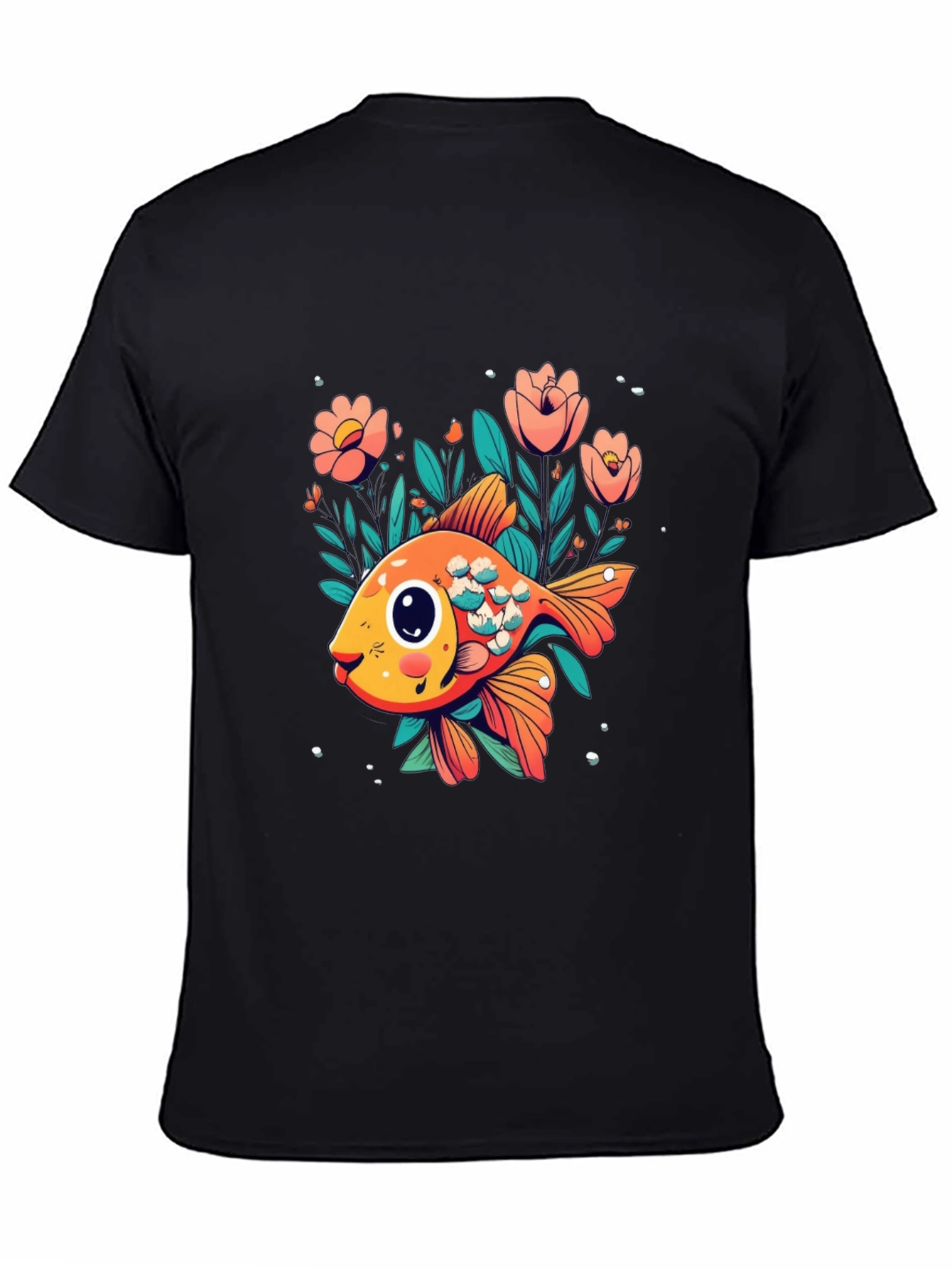 Floral Goldfish Graphic Black T-Shirt