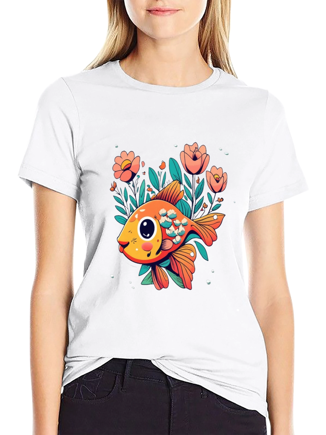 Floral Goldfish Graphic Black T-Shirt