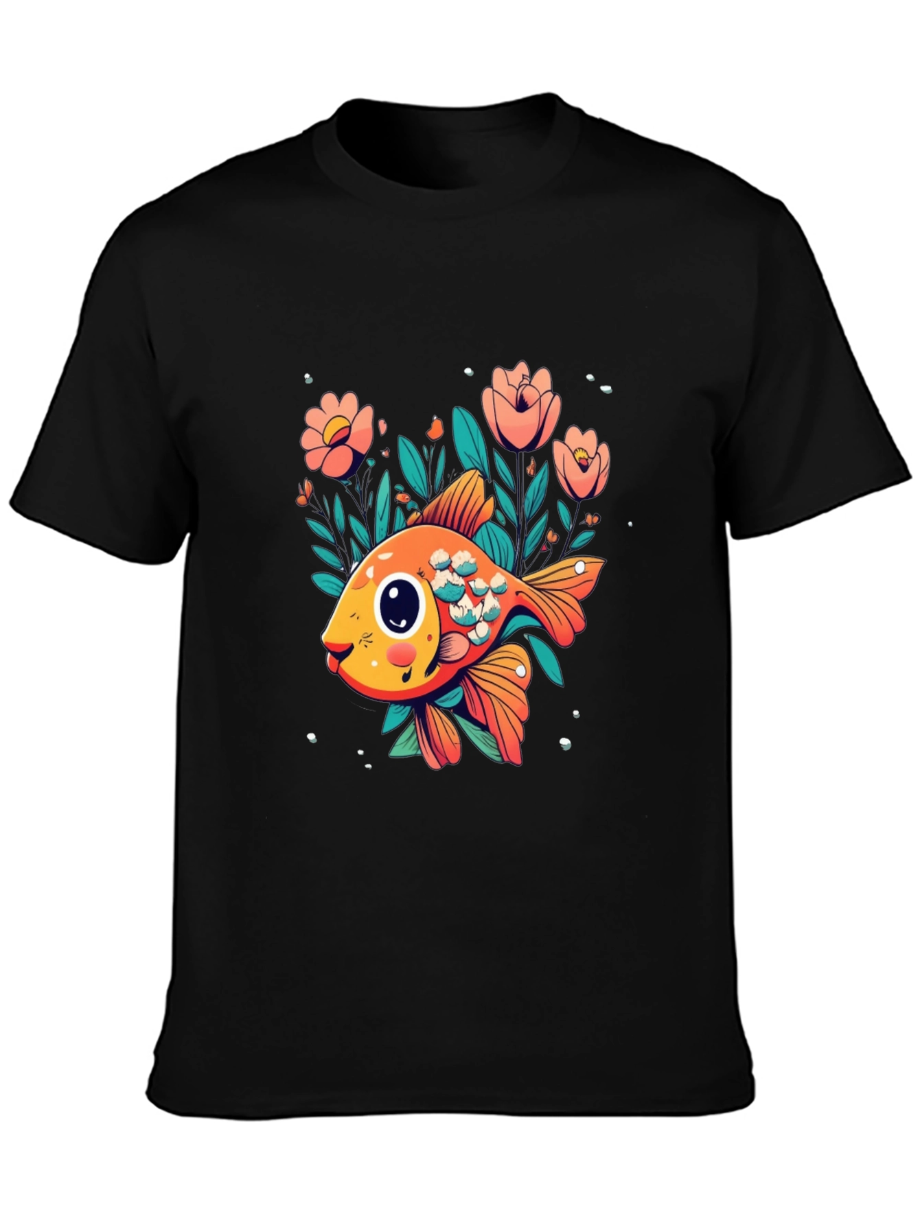 Floral Goldfish Graphic Black T-Shirt