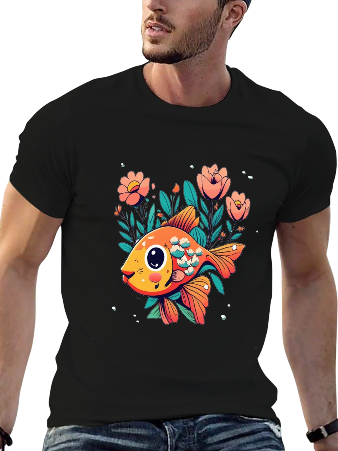 Floral Goldfish Graphic Black T-Shirt