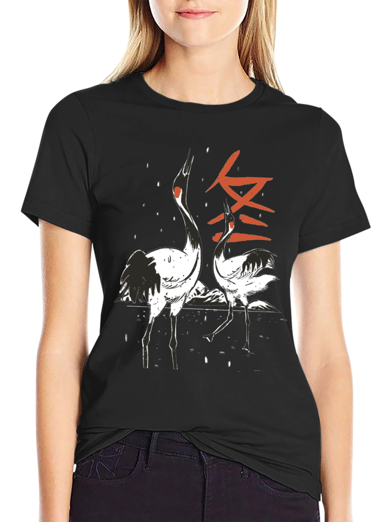 Crane Print Black T-Shirt