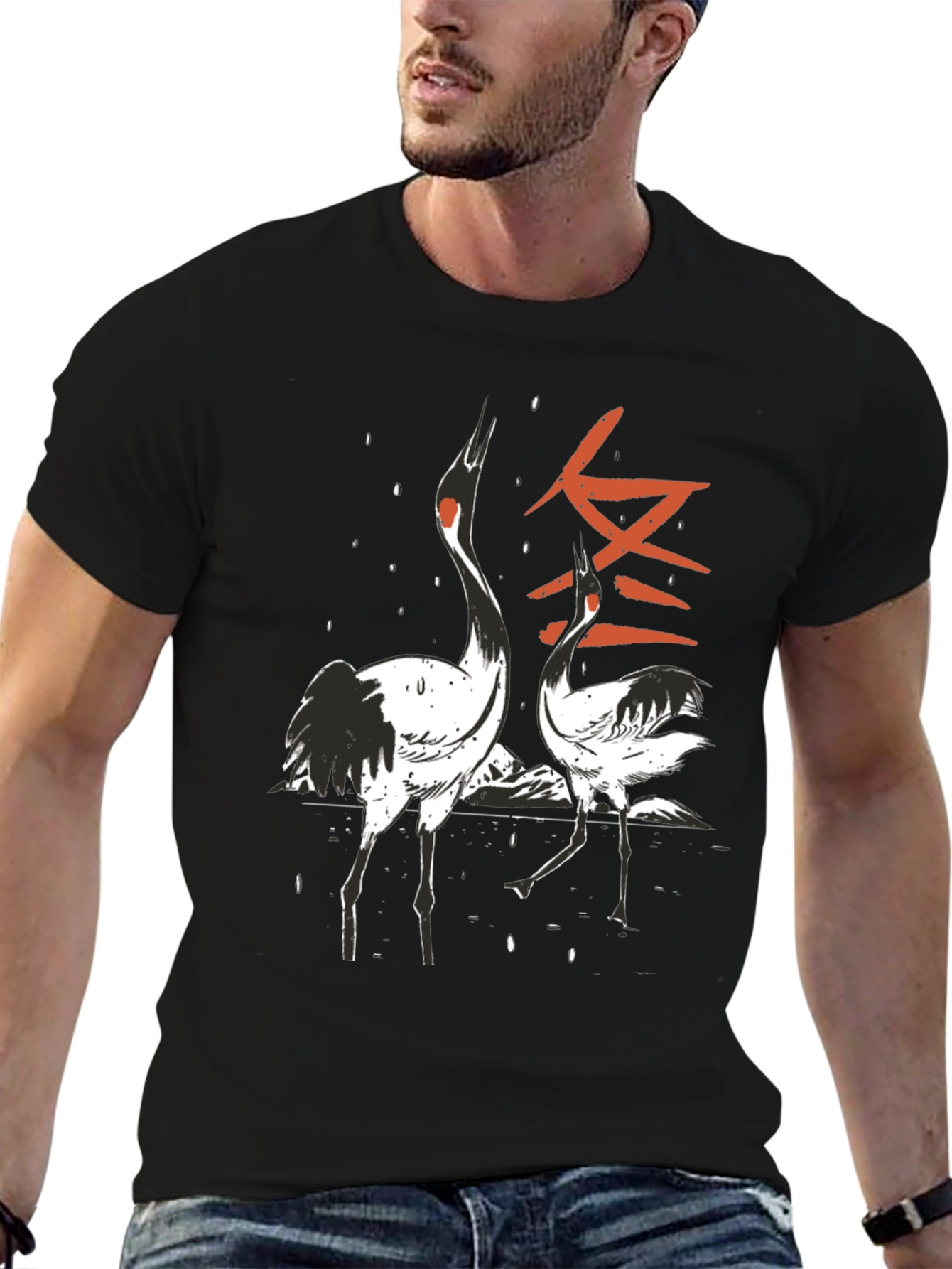 Crane Print Black T-Shirt