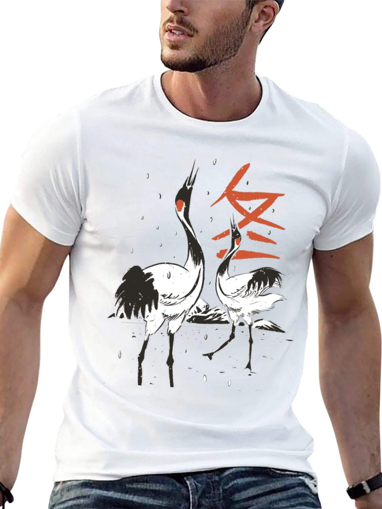 Crane Print Black T-Shirt