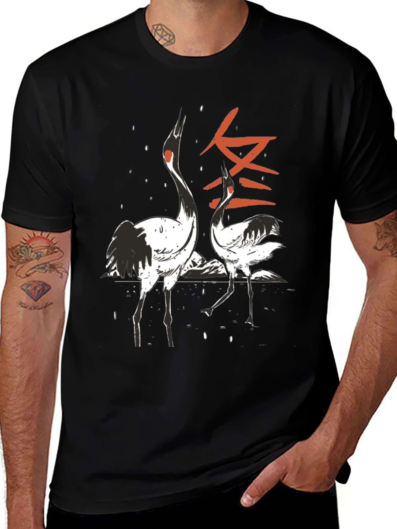 Crane Print Black T-Shirt