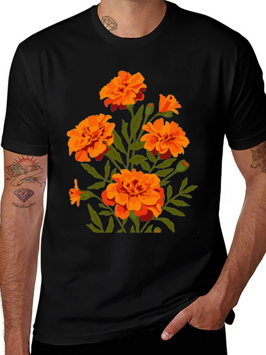 Black T-Shirt with Orange Flower Graphic Print