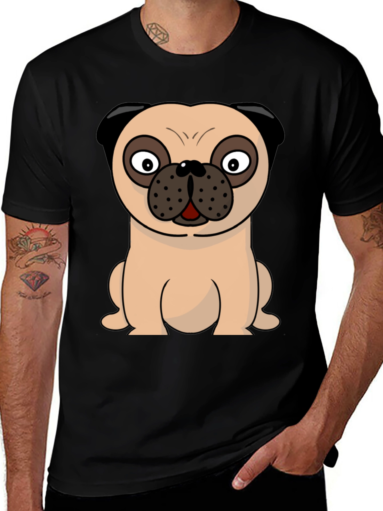 Cartoon Pug Graphic Tee - Mens Black T-Shirt