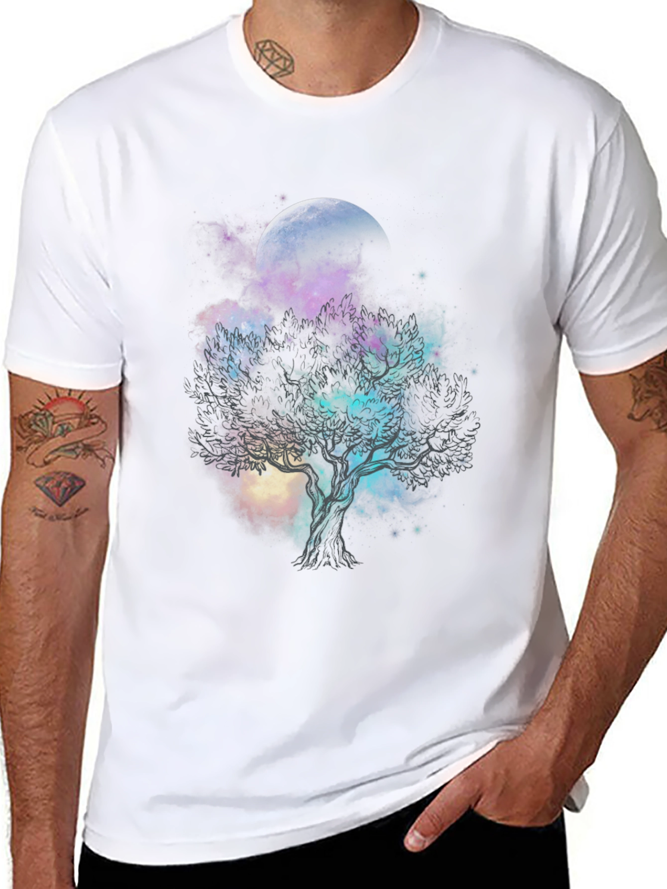 Celestial Tree Graphic T-Shirt - Black Cotton Tee
