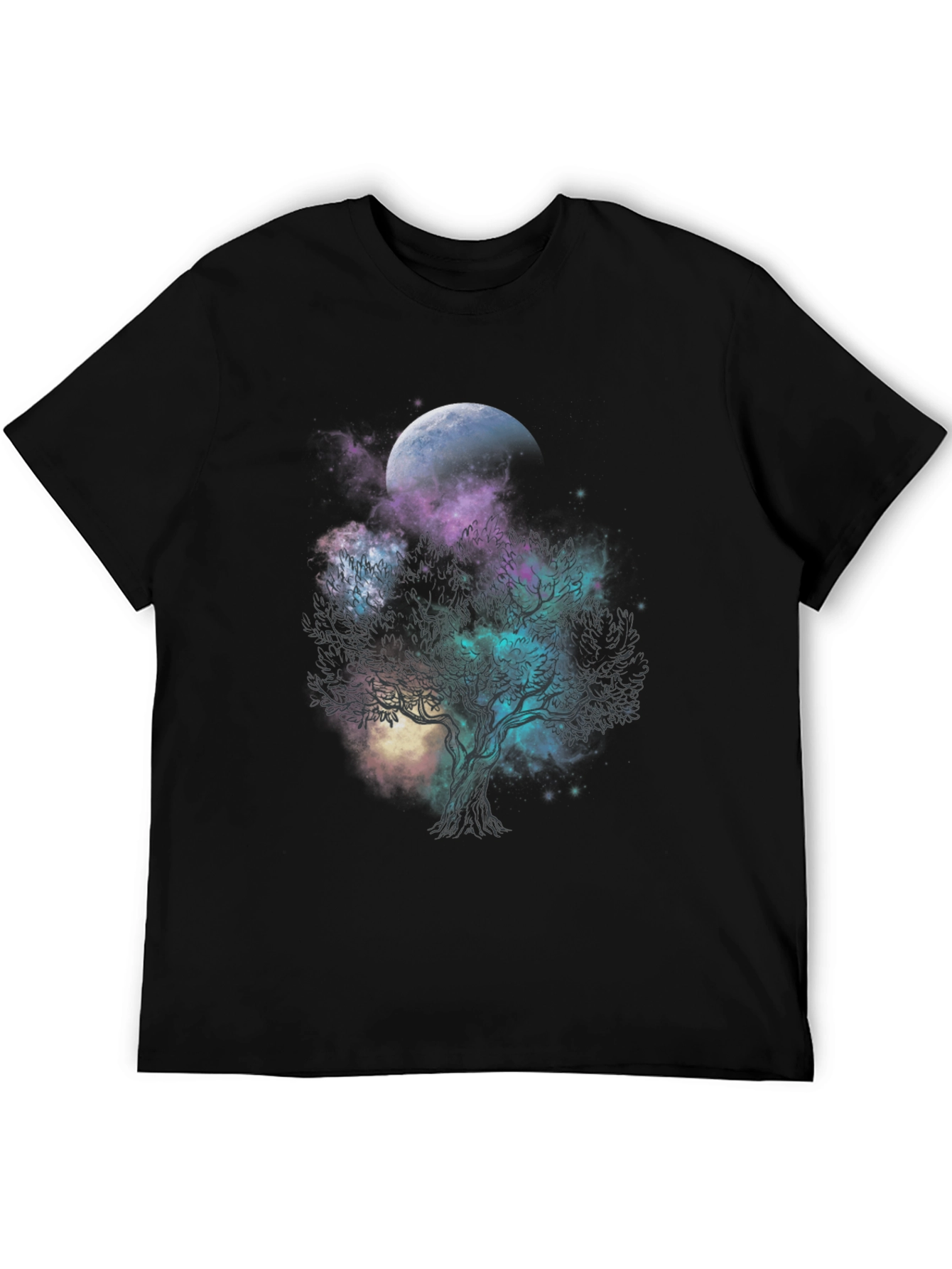 Celestial Tree Graphic T-Shirt - Black Cotton Tee
