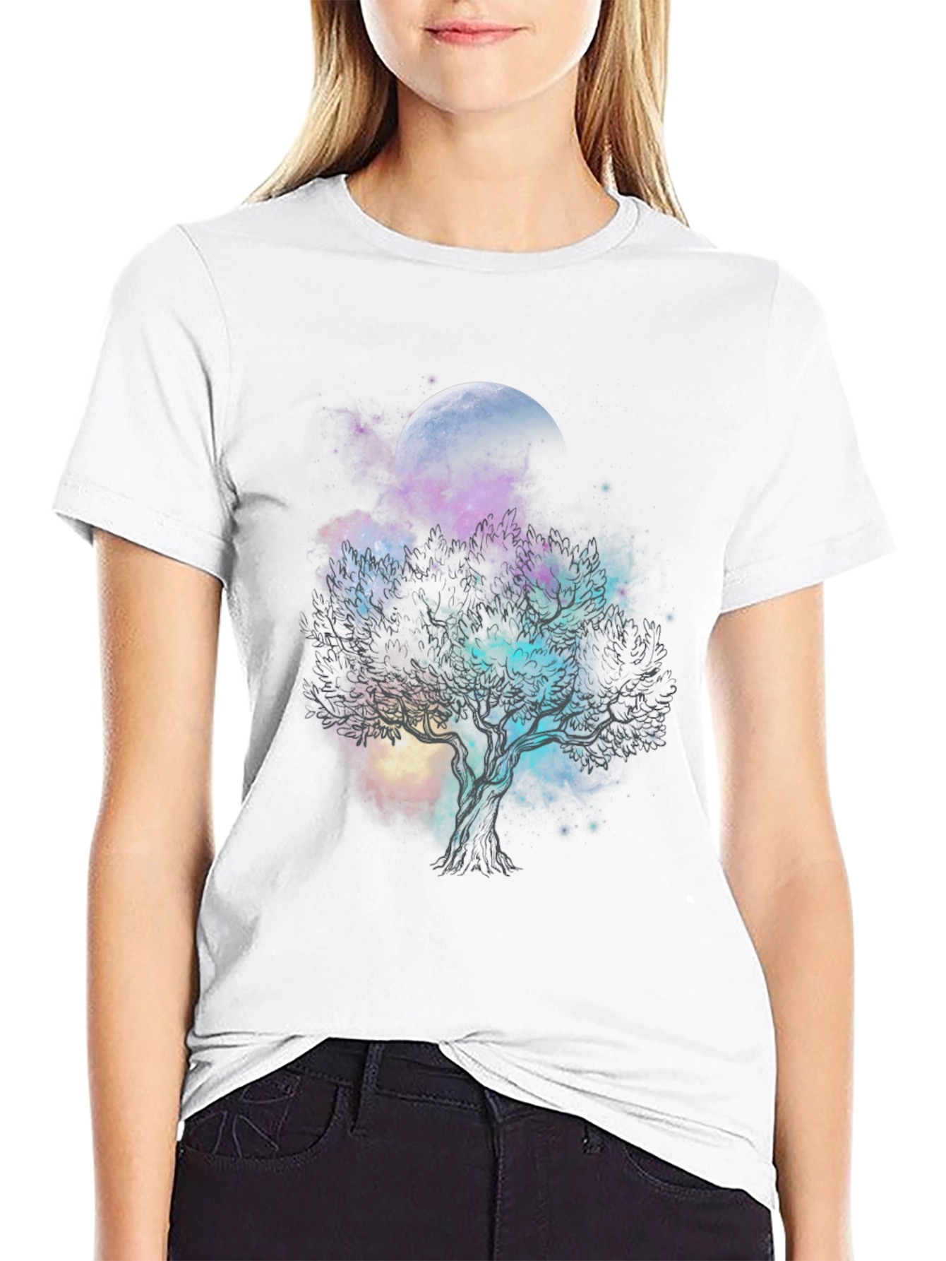 Celestial Tree Graphic T-Shirt - Black Cotton Tee