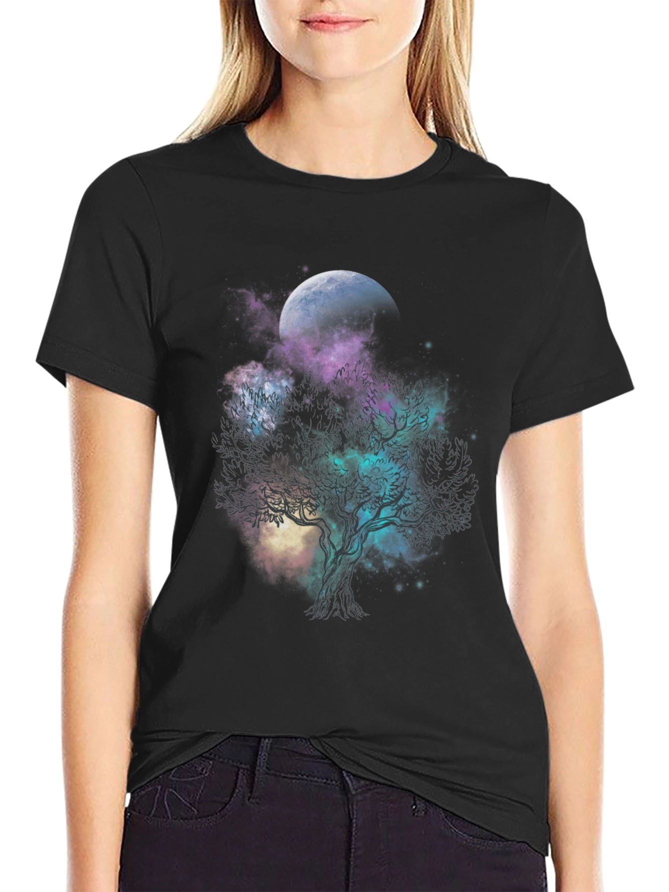Celestial Tree Graphic T-Shirt - Black Cotton Tee