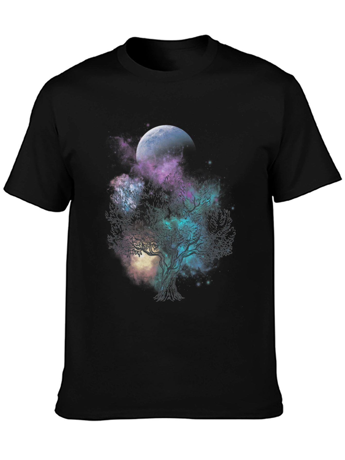 Celestial Tree Graphic T-Shirt - Black Cotton Tee