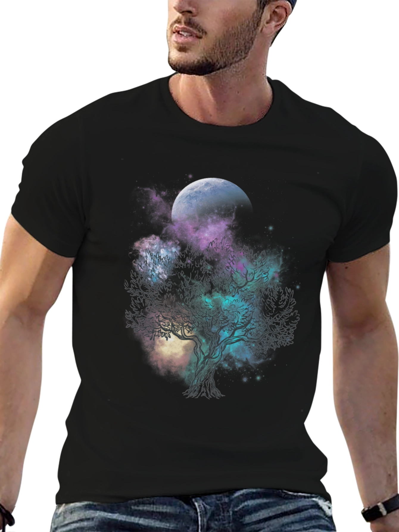 Celestial Tree Graphic T-Shirt - Black Cotton Tee