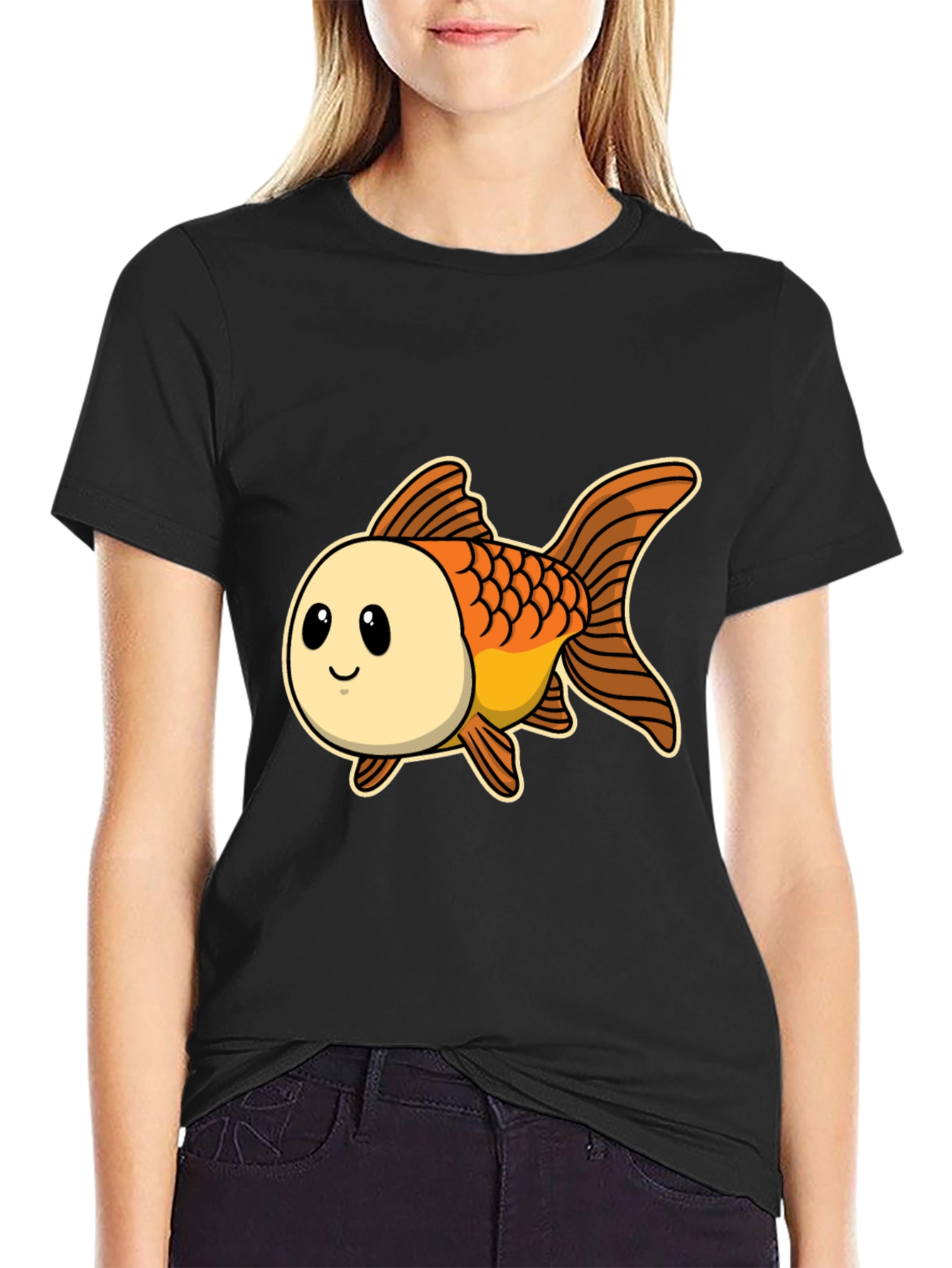 Cute Goldfish Graphic Tee - Black Cotton T-Shirt