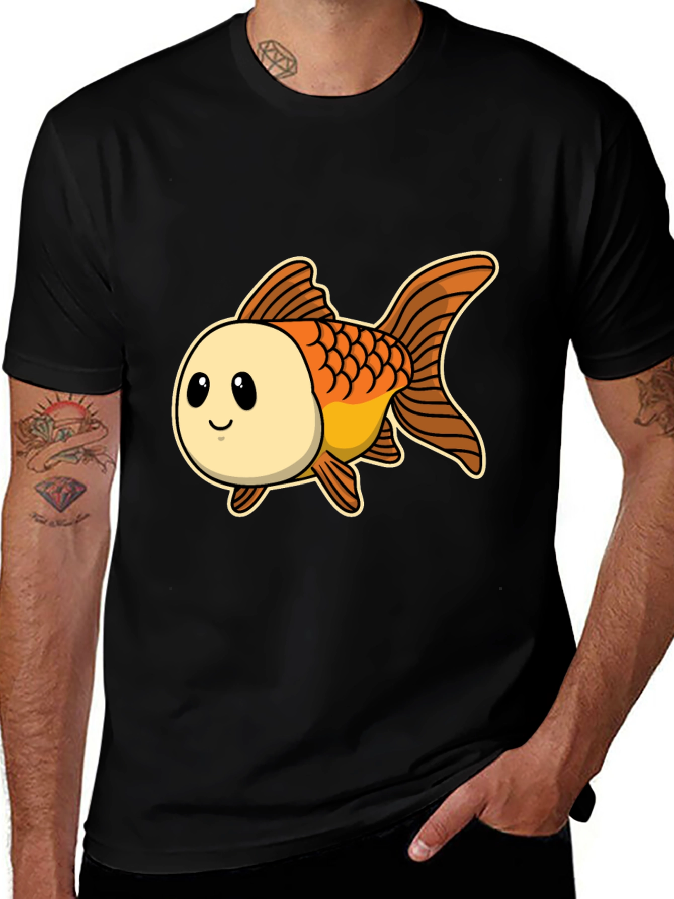Cute Goldfish Graphic Tee - Black Cotton T-Shirt