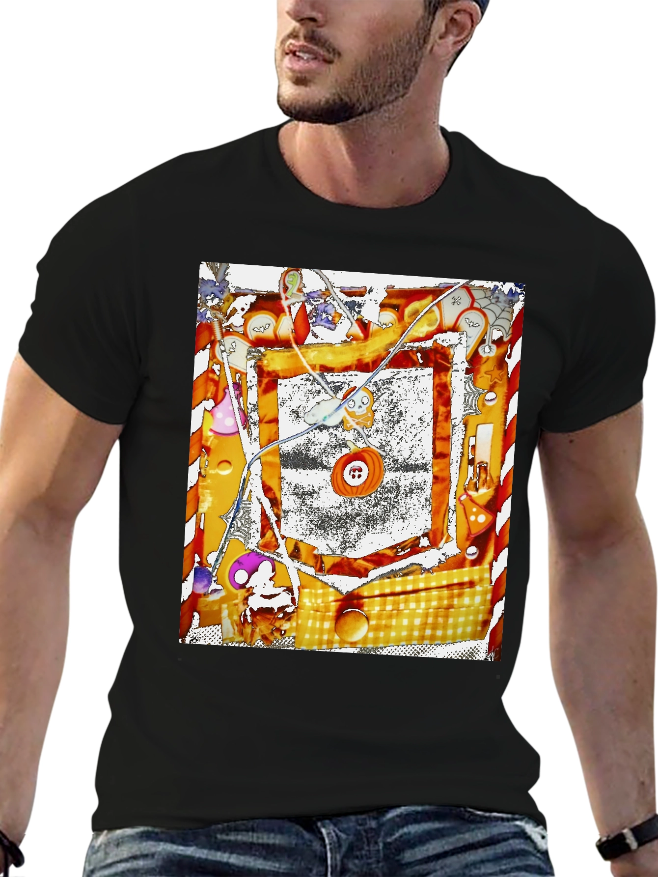 Abstract Button Print Black T-Shirt