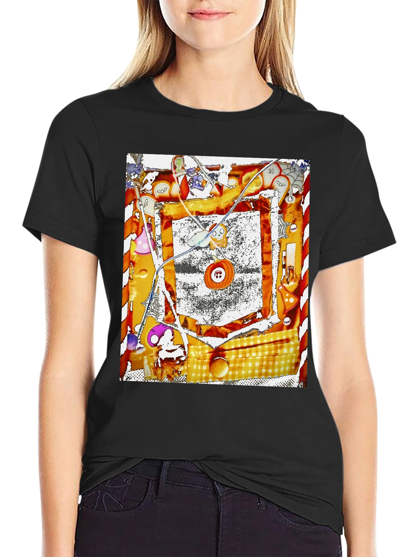 Abstract Button Print Black T-Shirt