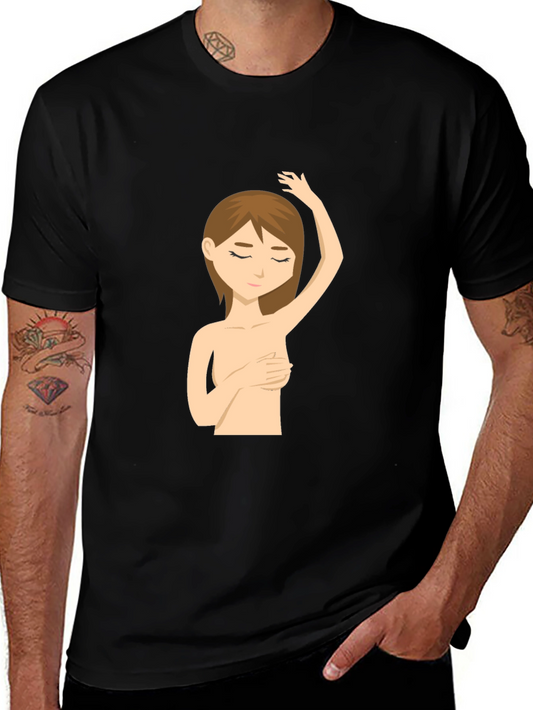 Black T-Shirt with Cartoon Breast Cancer Awareness Design