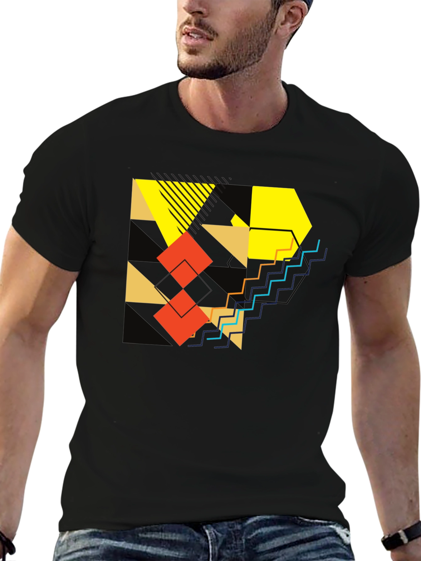 Abstract Geometric Graphic Print Mens Black T-Shirt