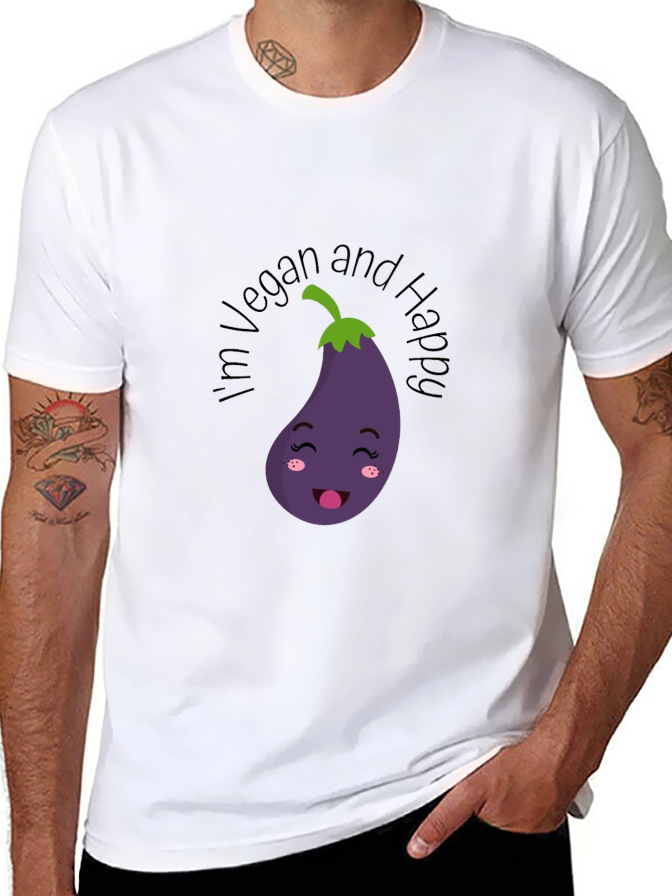 Vegan and Happy Eggplant Graphic T-Shirt