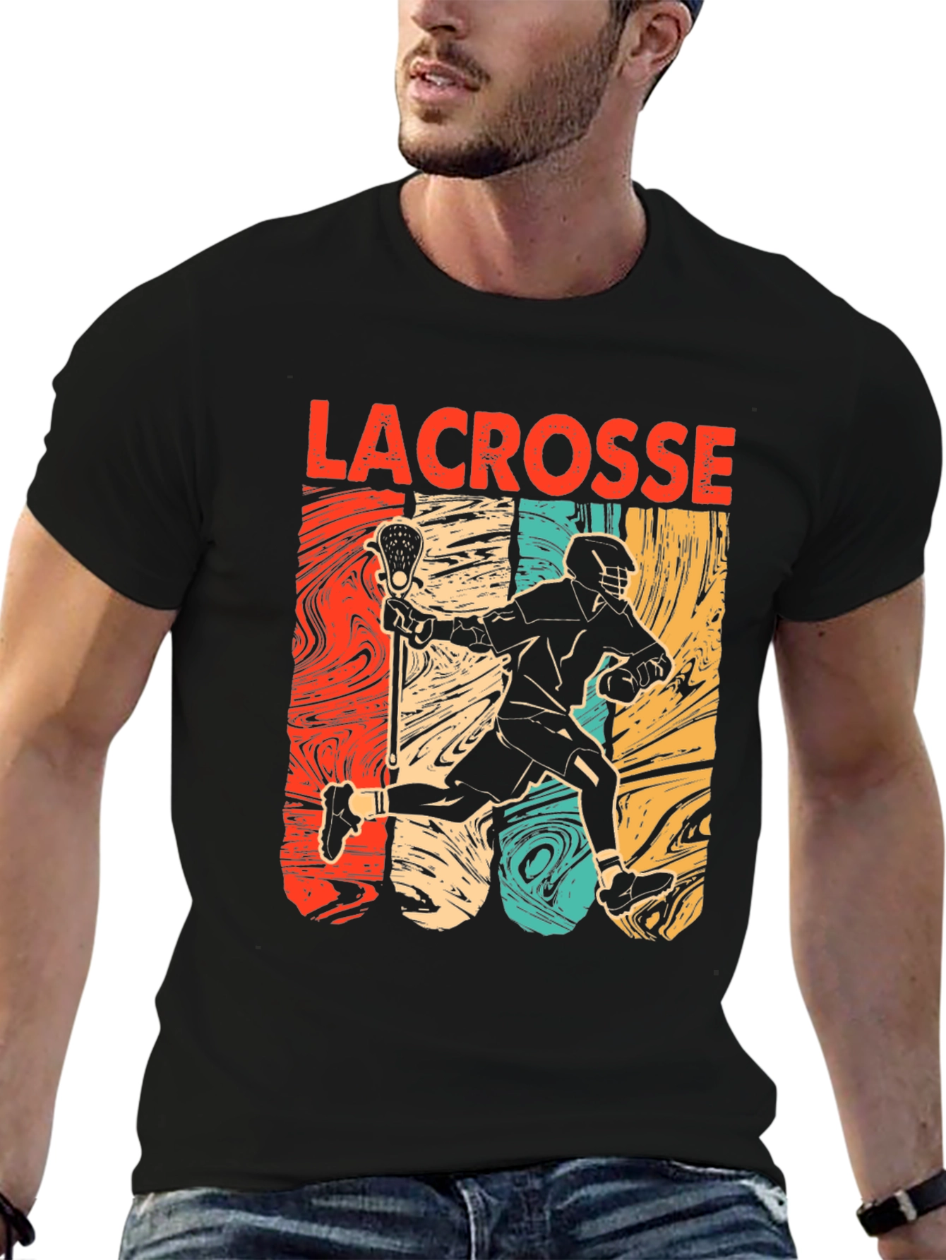 Lacrosse Player Graphic Tee - Retro Style Black T-Shirt