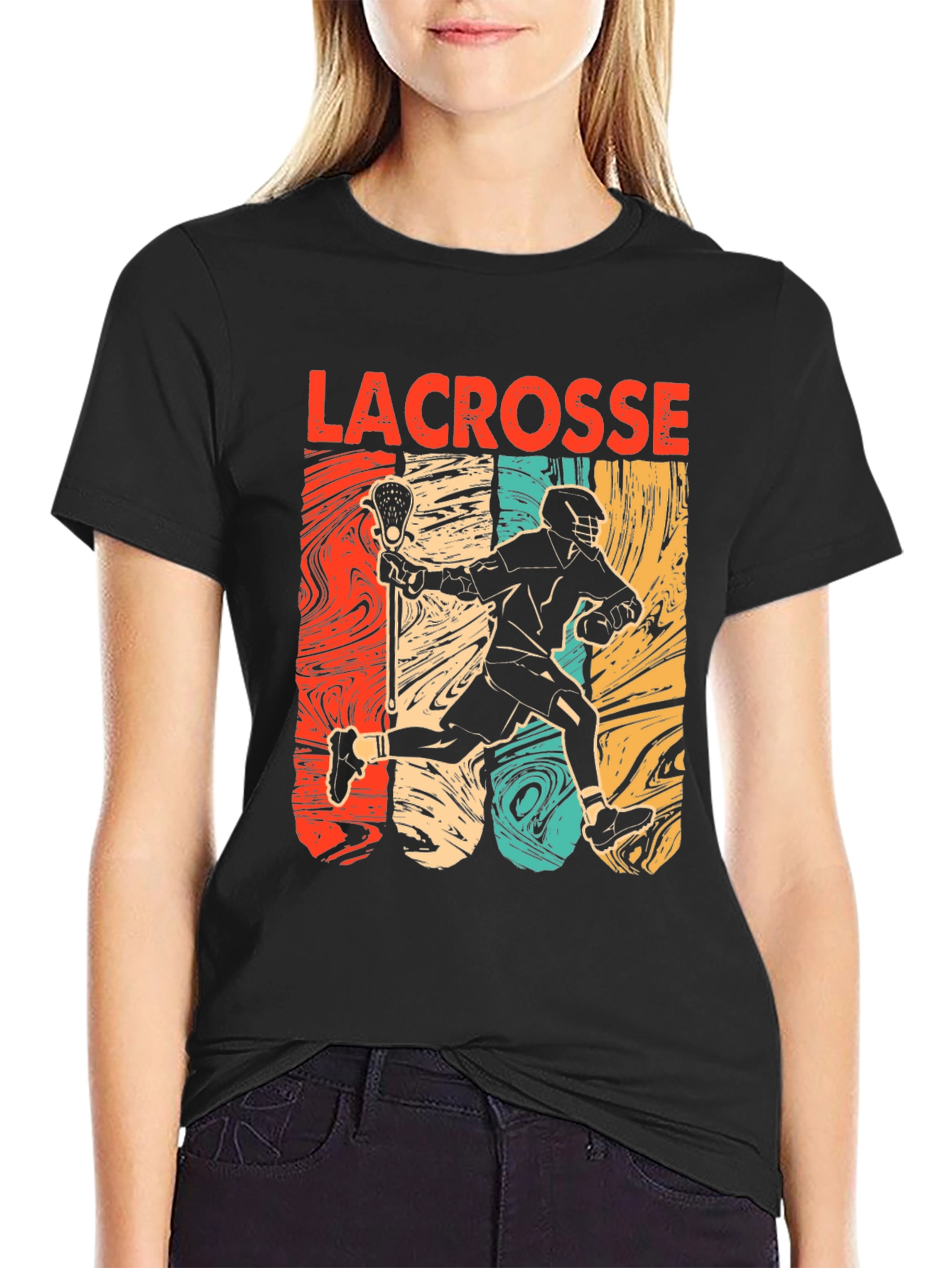 Lacrosse Player Graphic Tee - Retro Style Black T-Shirt