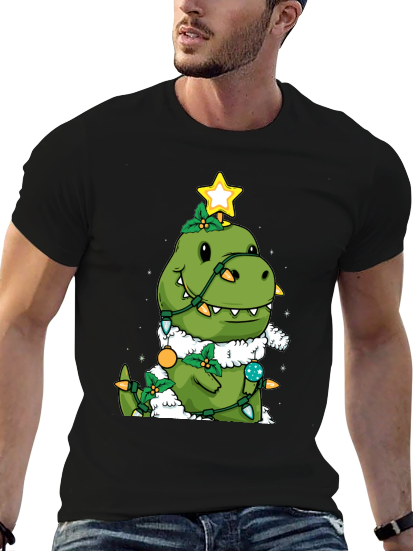 Dino Christmas Tree Black T-Shirt