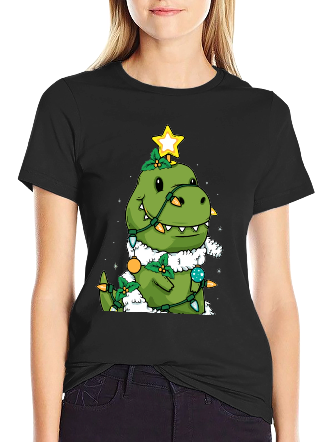 Dino Christmas Tree Black T-Shirt